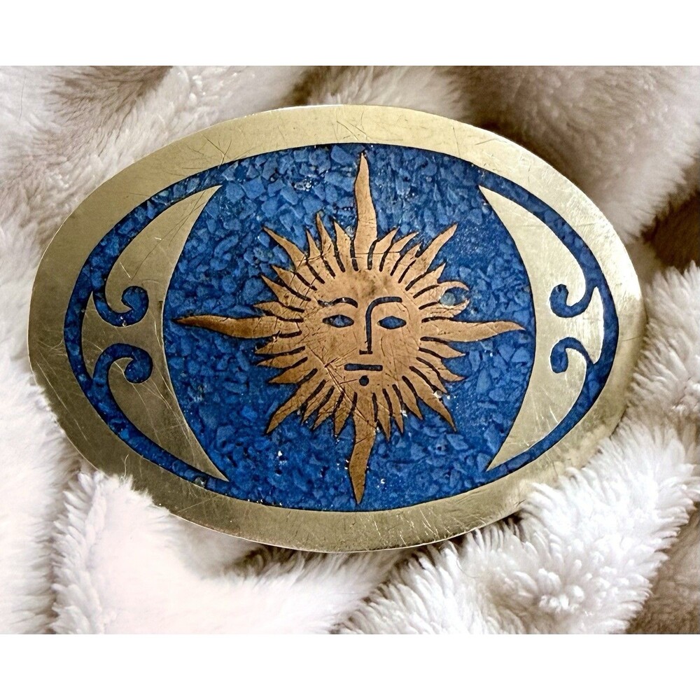 Alpaca Silver Oval Brass Aztec Celestial Sun Belt Buckle Crushed Turquoise Mex - Picture 2 of 4